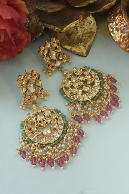 Gold plated pink beads Dangling Earrings for women