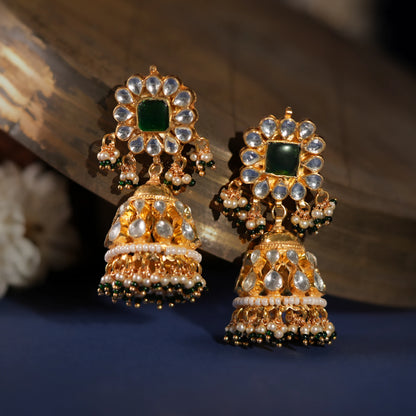 Gold plared green white jhumki for women