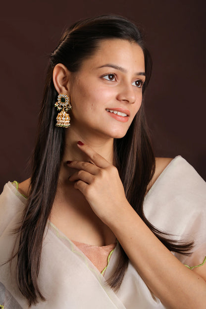 Gold plared green white jhumki for women