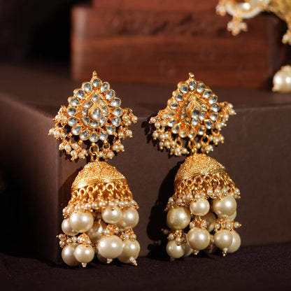Traditonal wear golden jhumka with jadtar stone