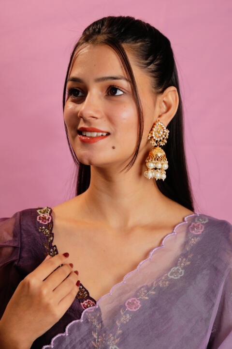 Traditonal wear golden jhumka with jadtar stone