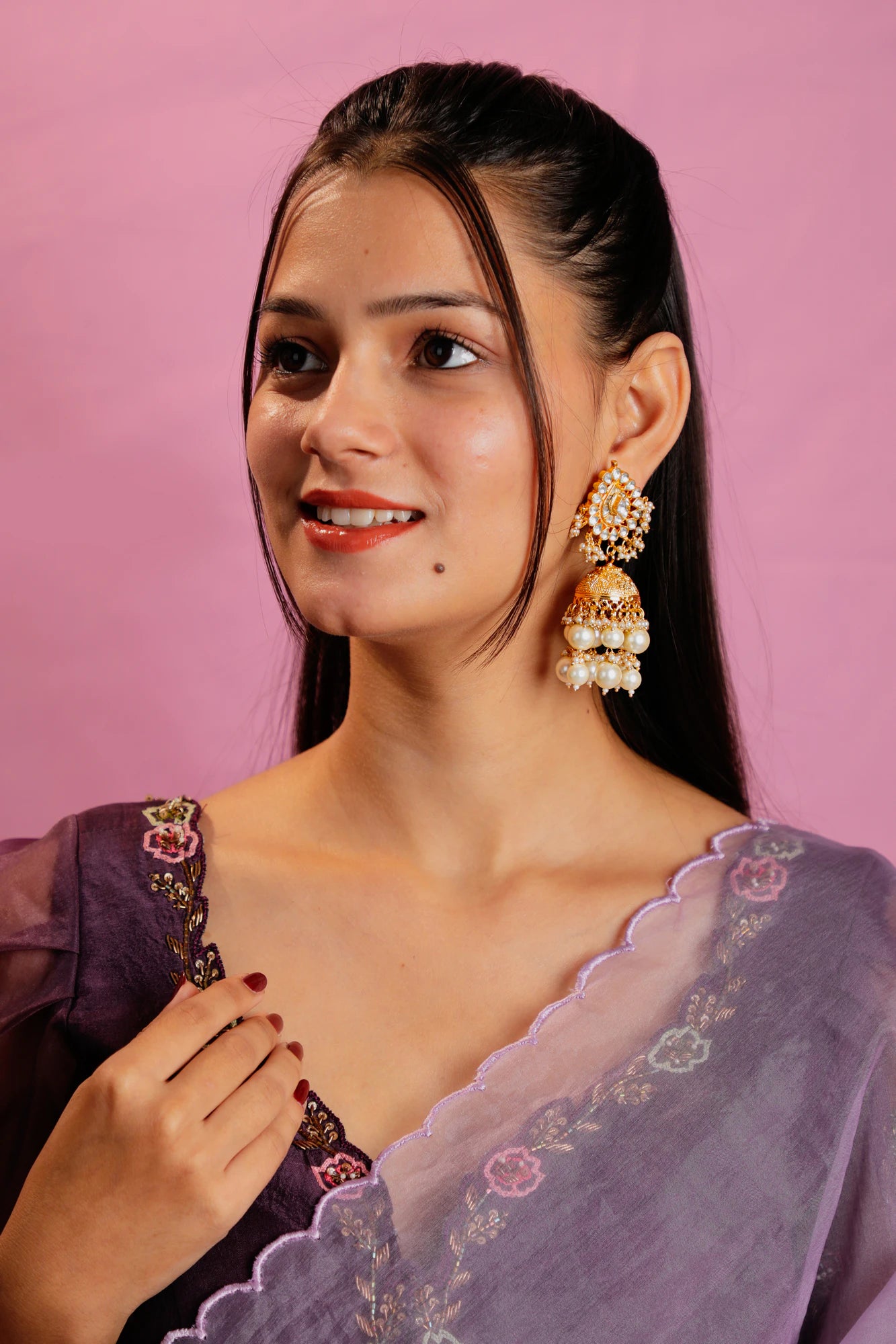 Traditonal wear golden jhumka with jadtar stone