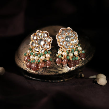 pink beaded white jadtar studs
