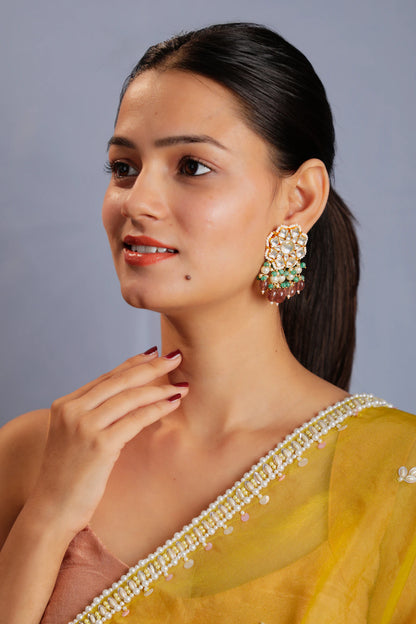 pink beaded white jadtar studs