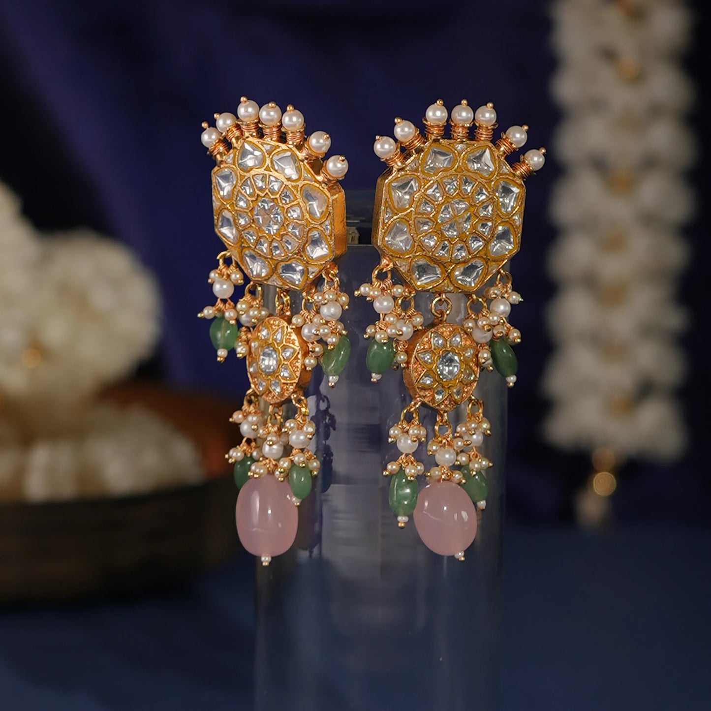 Light pink beads with jadau work dangler Earrings