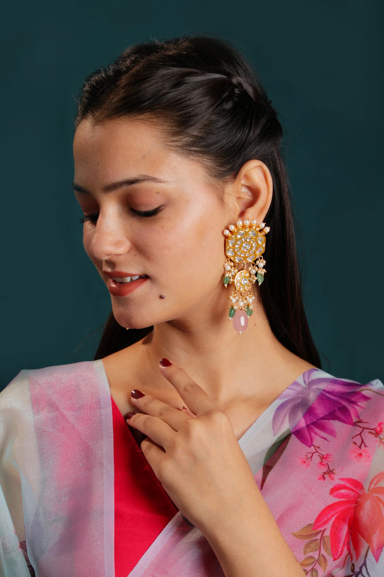 Light pink beads with jadau work dangler Earrings