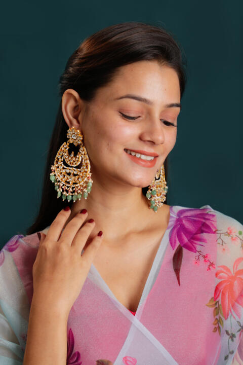Indian traditional wear white jadtar stone chandbaali