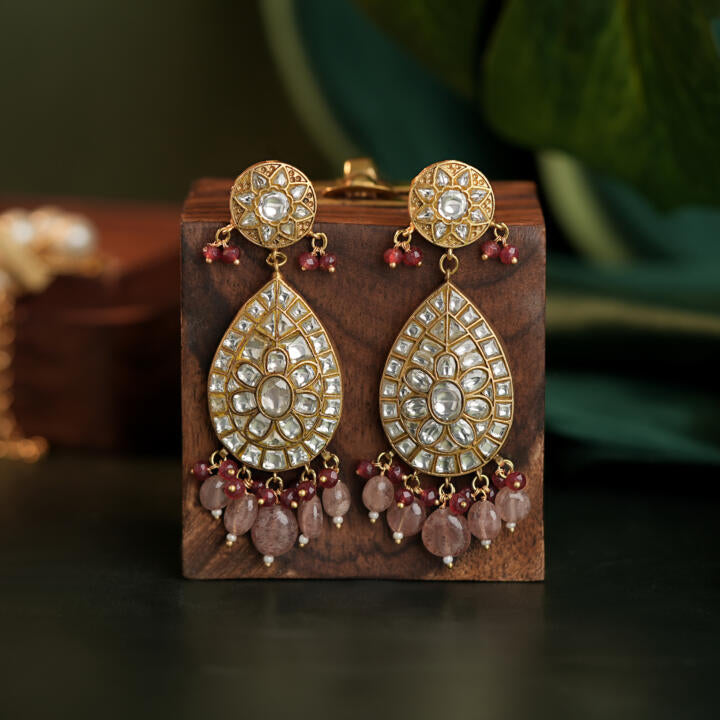 pink beaded white jadau Earrings