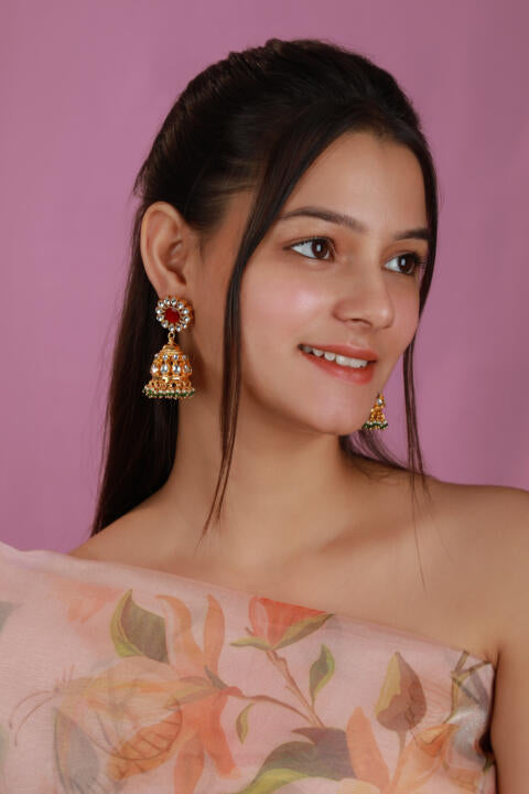 Women pink and green jadtar jhumka with green hangings