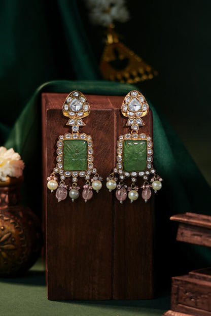 Handcrafted earings with carved stone and pastel pink drops