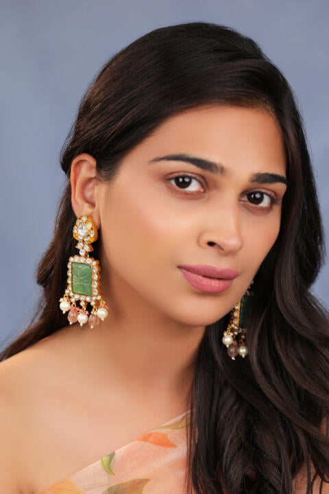 Handcrafted earings with carved stone and pastel pink drops