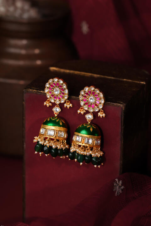 Floral ruby jhumki earings with mina work in south style