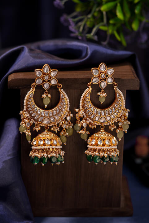 Chandbali jhumki earings with emerald drops and floral tops