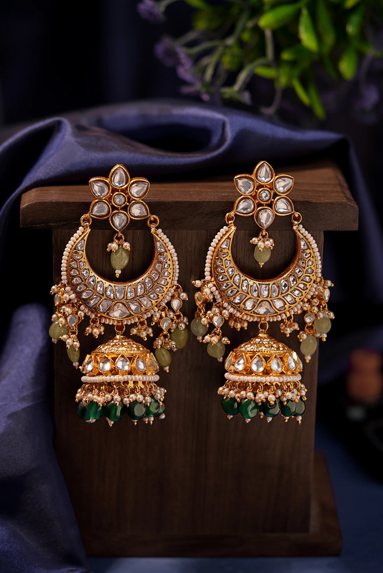 Chandbali jhumki earings with emerald drops and floral tops