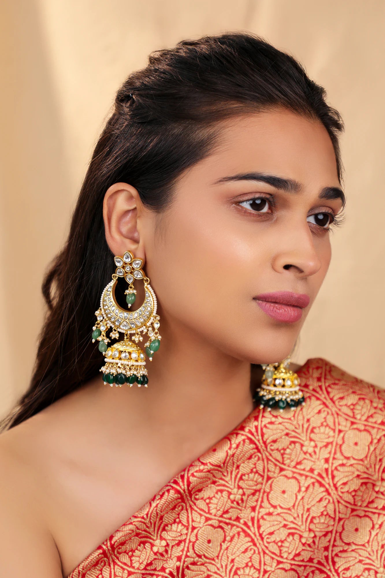 Chandbali jhumki earings with emerald drops and floral tops