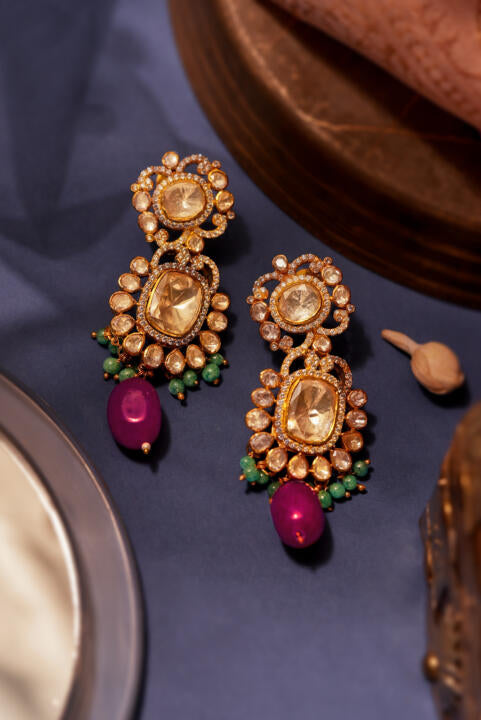 Mozonite ruby earings in silver and gold finish