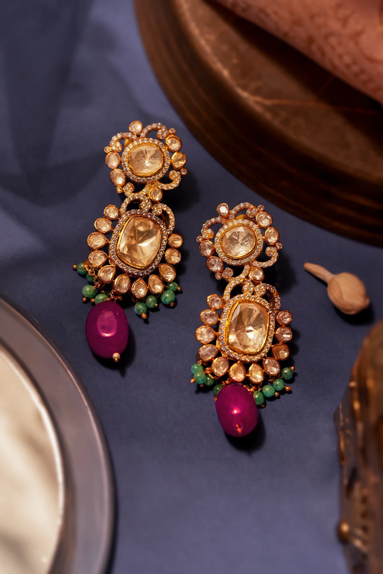 Mozonite ruby earings in silver and gold finish