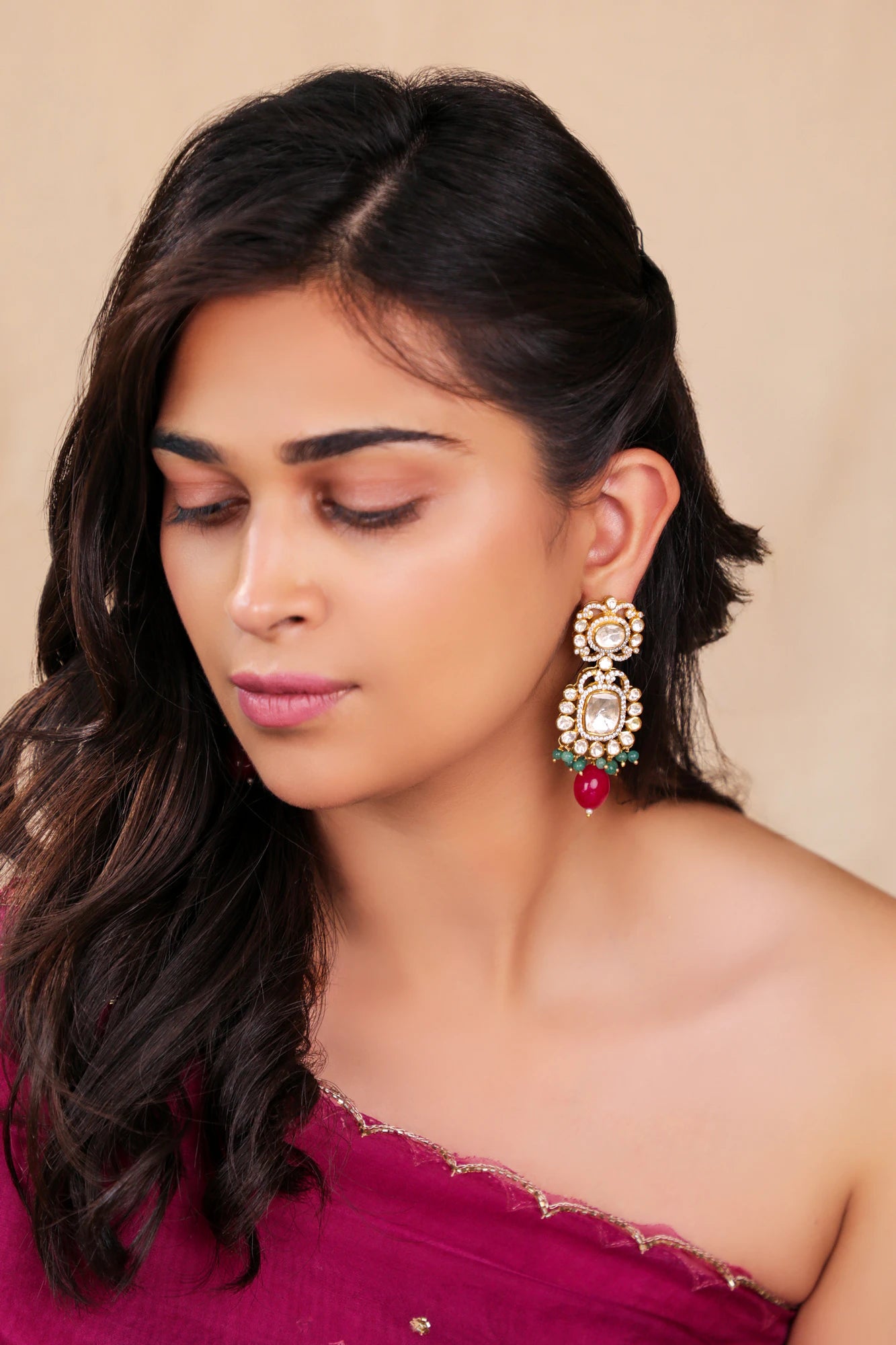 Mozonite ruby earings in silver and gold finish