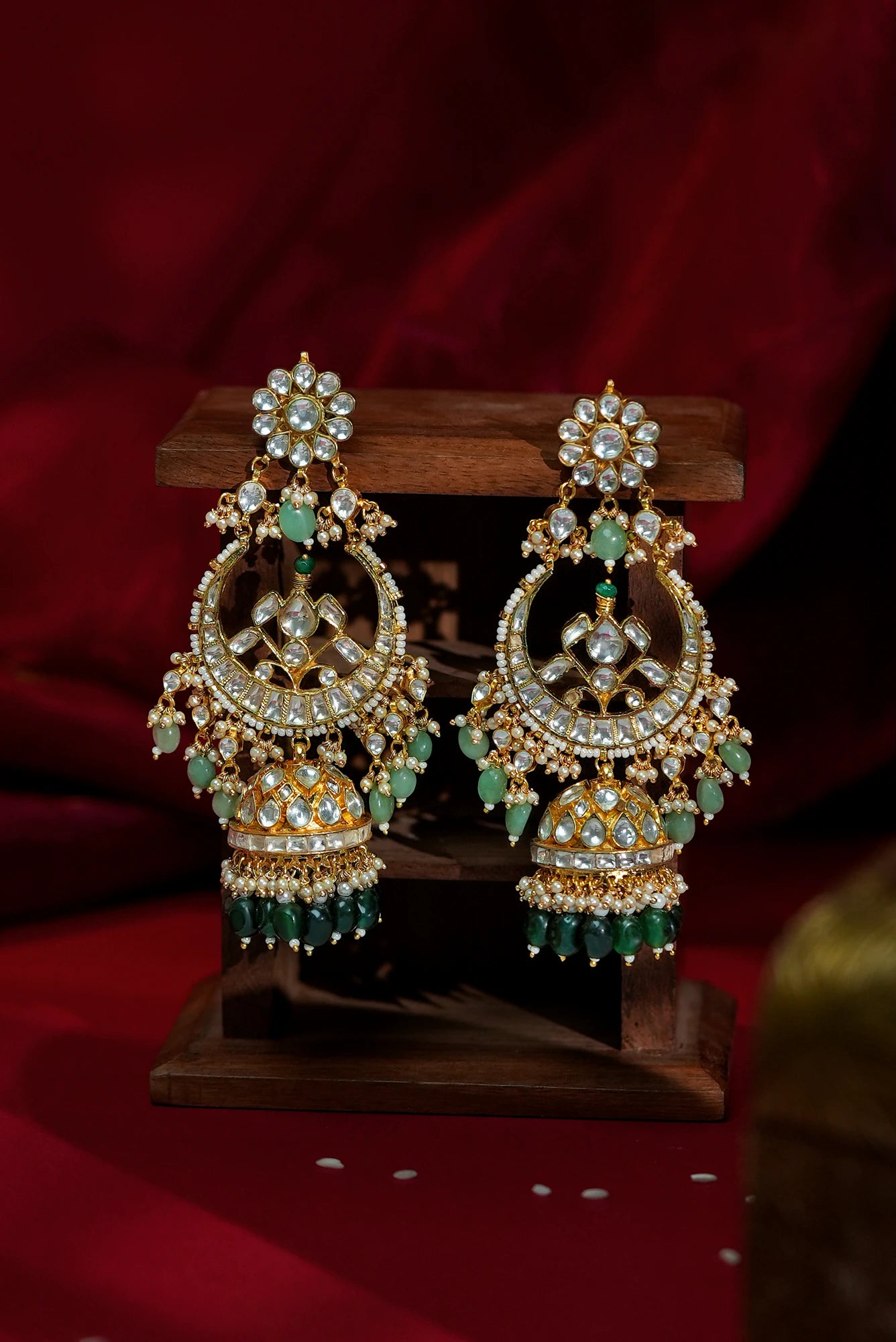 Heritage jhumkis in emerald green beads