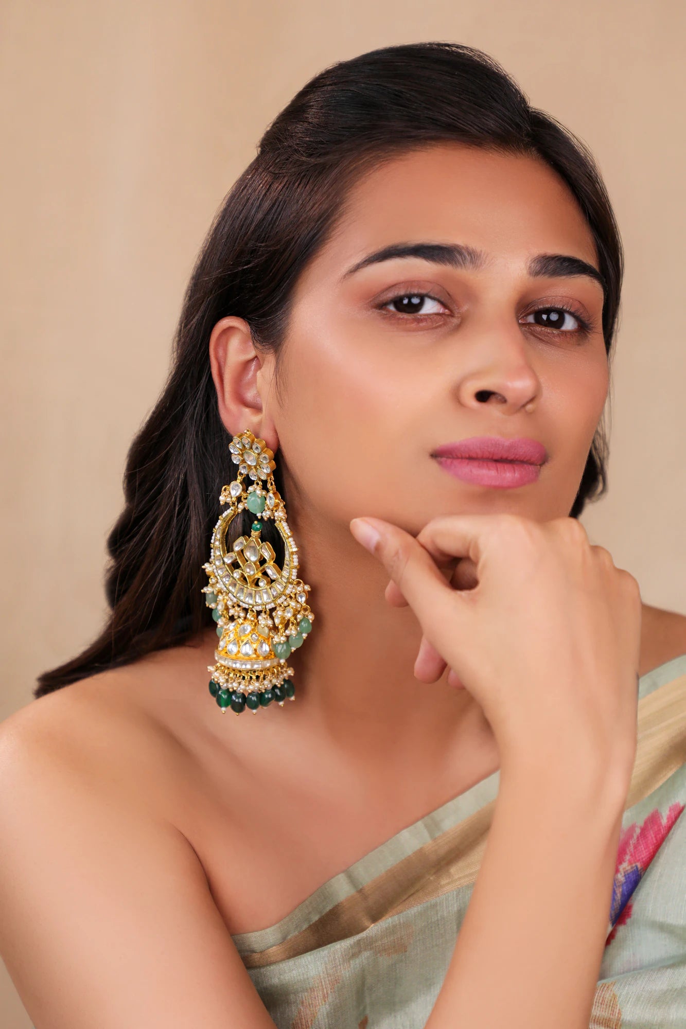 Heritage jhumkis in emerald green beads