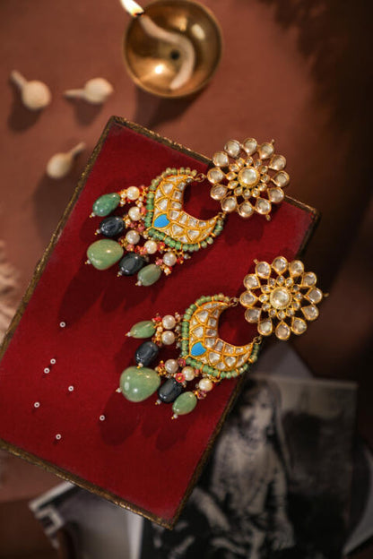 Floral multicolour silver and gold finish earings