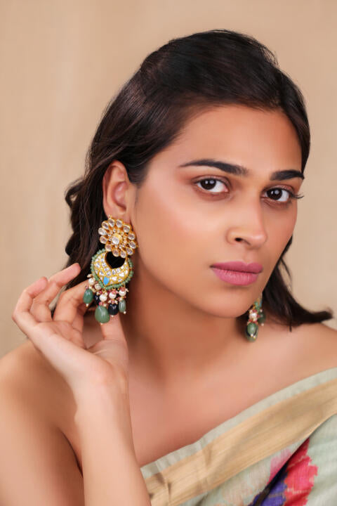 Floral multicolour silver and gold finish earings