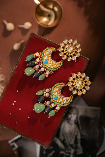 Floral multicolour silver and gold finish earings