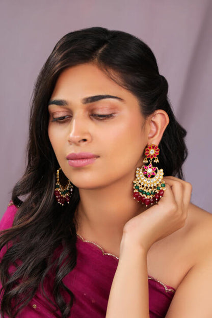 silver chandbali drop earings with ruby beads in floral design