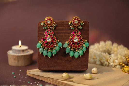 Ruby earings in unique design and pastel green drops