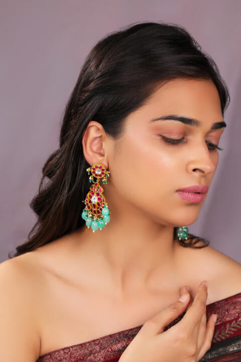 Ruby earings in unique design and pastel green drops