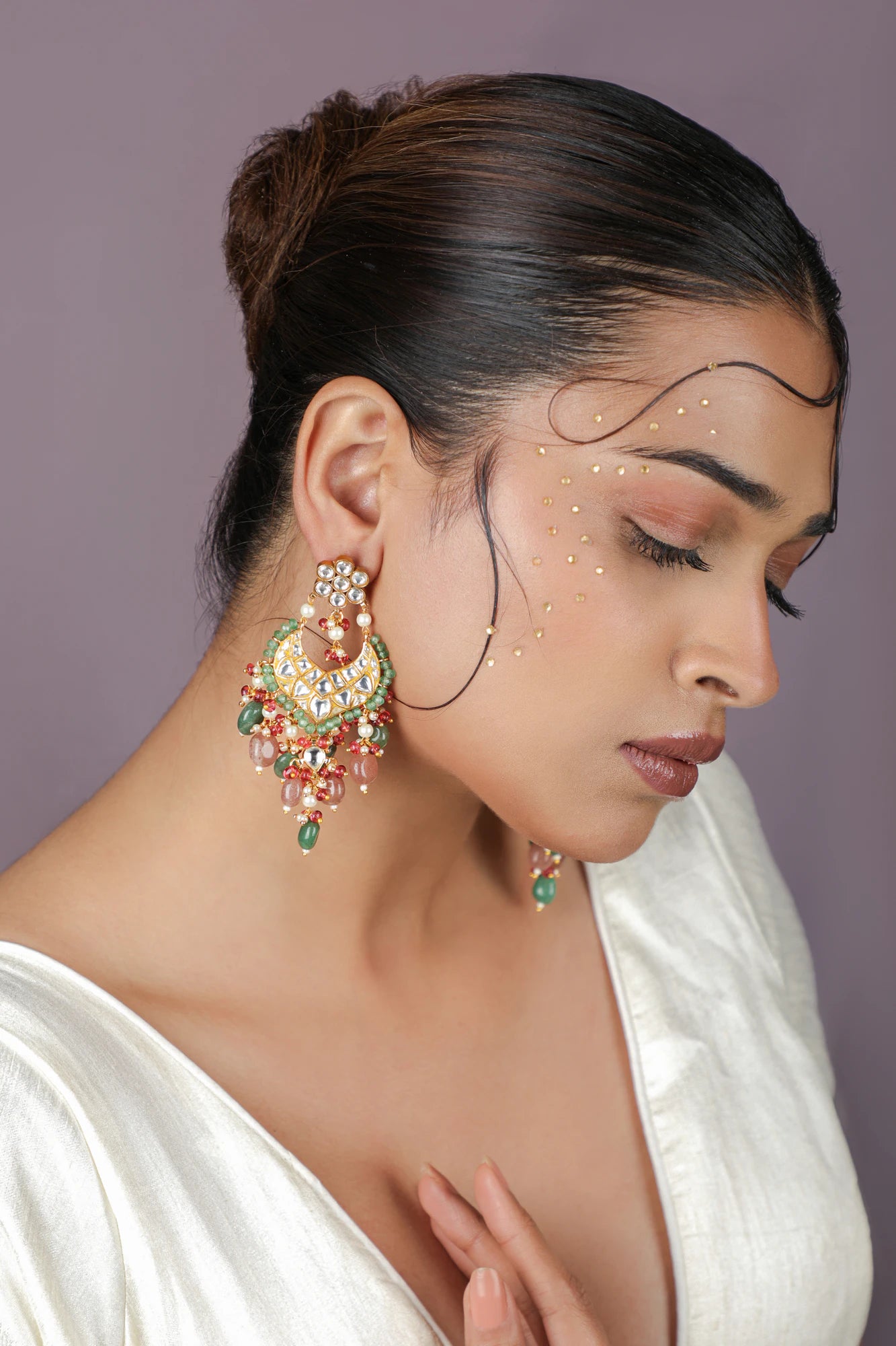 sea green stone, kundan-style chandbali earrings