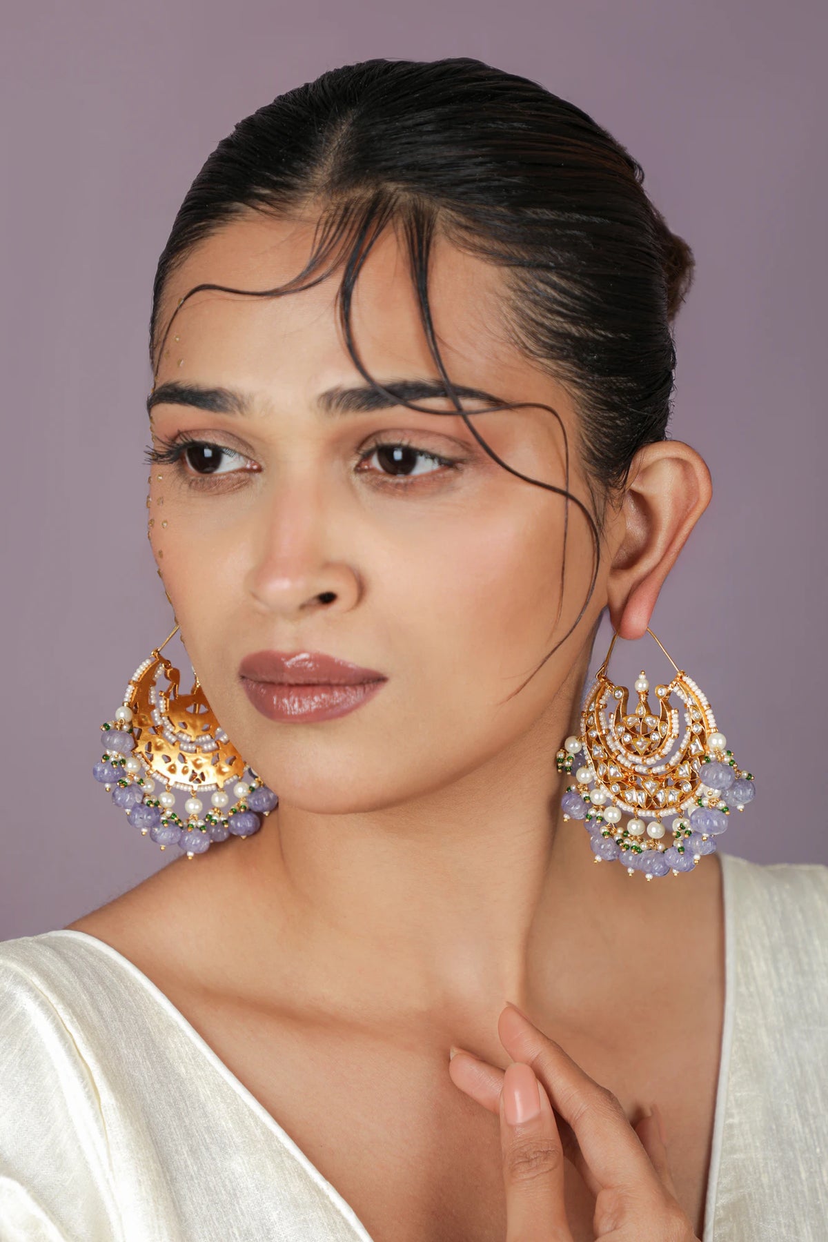Gold tone plated purple beads chandbaali