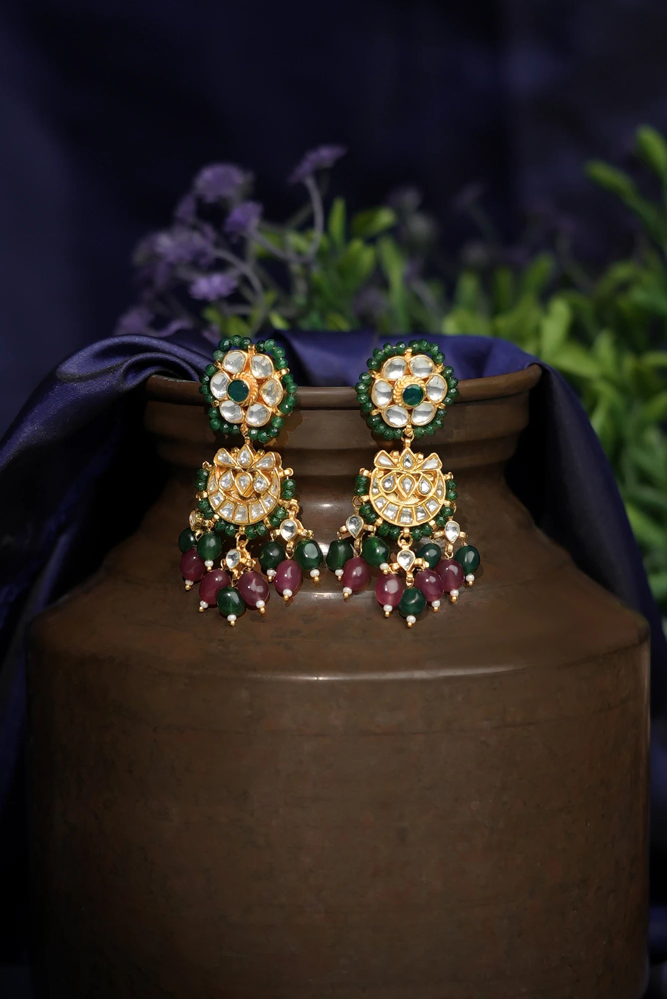 Ruby beads pink & green small chandbaali earrings