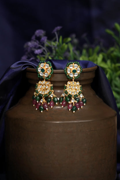Ruby beads pink & green small chandbaali earrings
