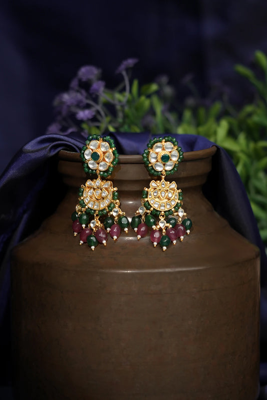 Ruby beads pink & green small chandbaali earrings