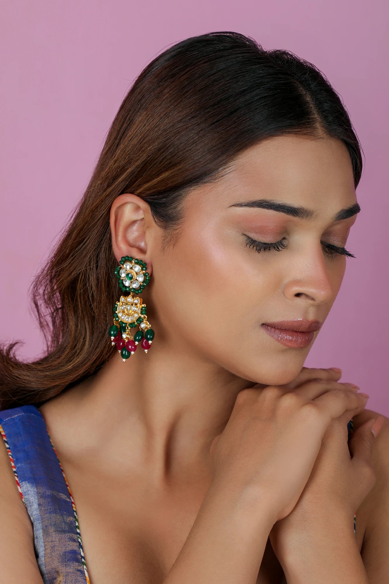 Ruby beads pink & green small chandbaali earrings