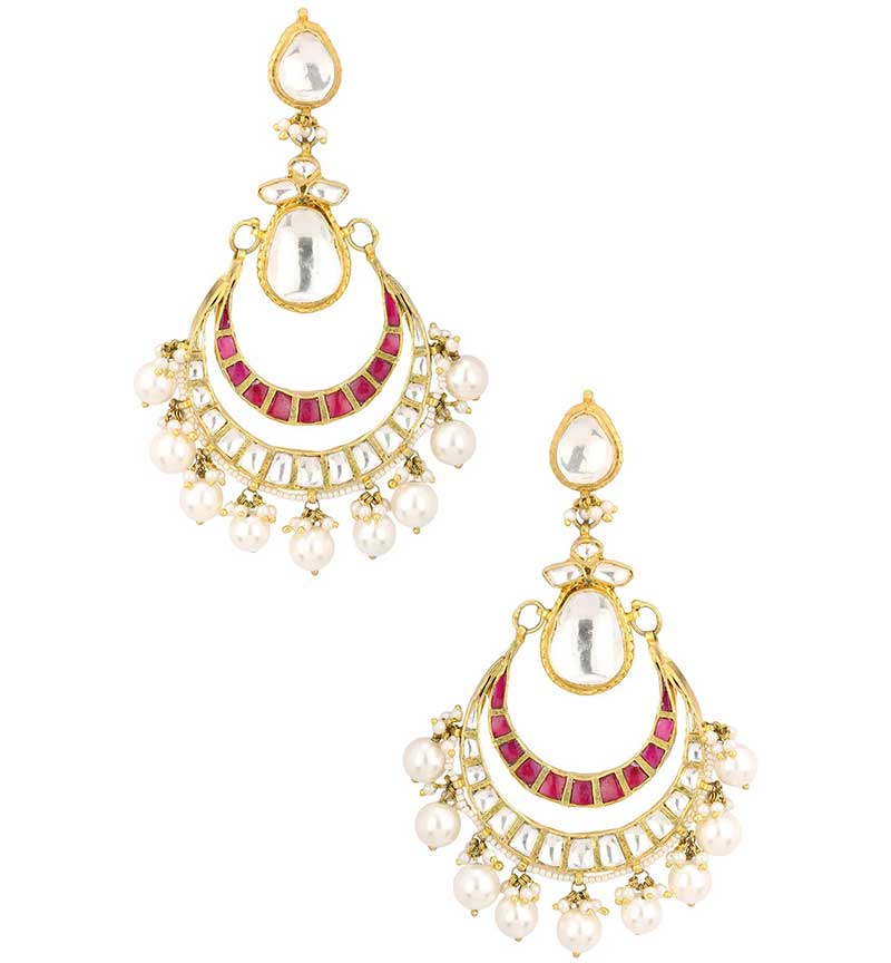 White & Pink Jadtar Studded Chandbali