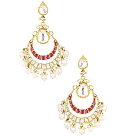 White & Pink Jadtar Studded Chandbali