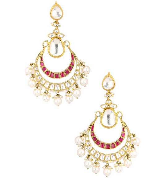 White & Pink Jadtar Studded Chandbali