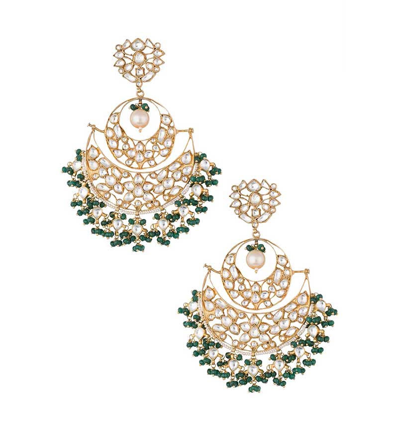White Jadtar & Green Beads Chandbalis