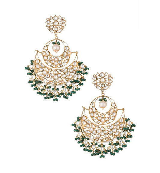 White Jadtar & Green Beads Chandbalis