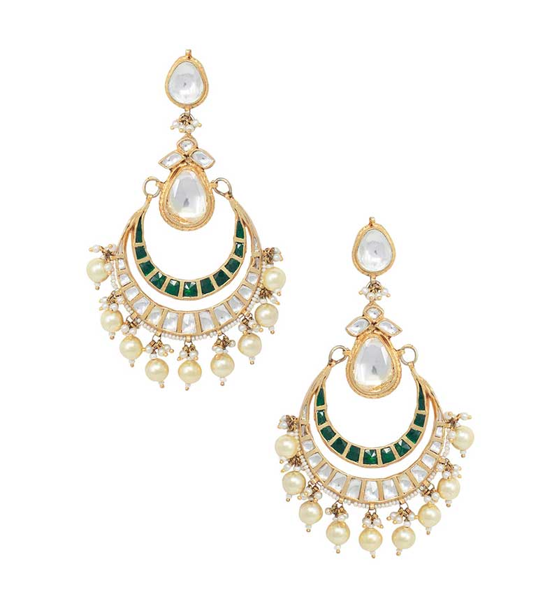White & Green Jadtar Studded Chandbali