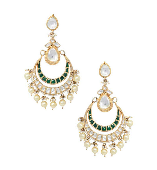 White & Green Jadtar Studded Chandbali