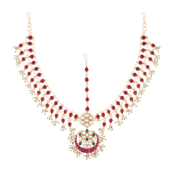 Pink Kundan Studded Matha Patti Jewelry