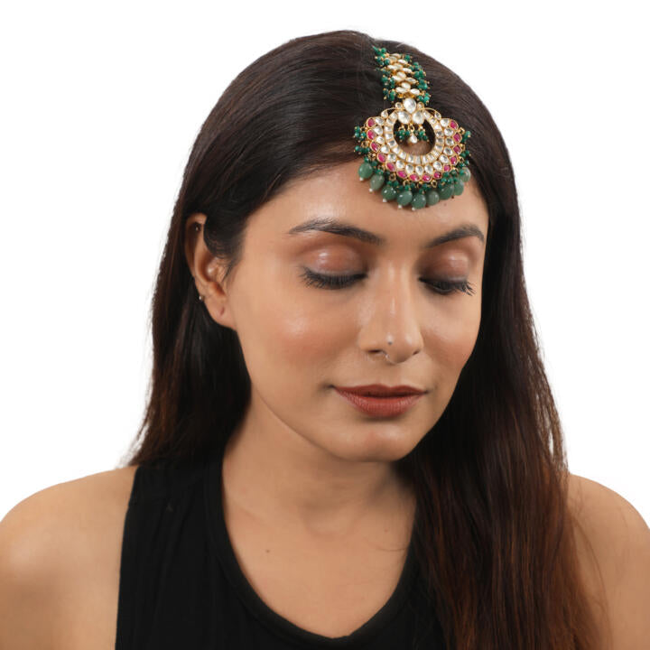 Pink Stone Sea Green Beads Flower Work White Jadtar Stone Tikka