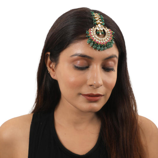 Pink Stone Sea Green Beads Flower Work White Jadtar Stone Tikka