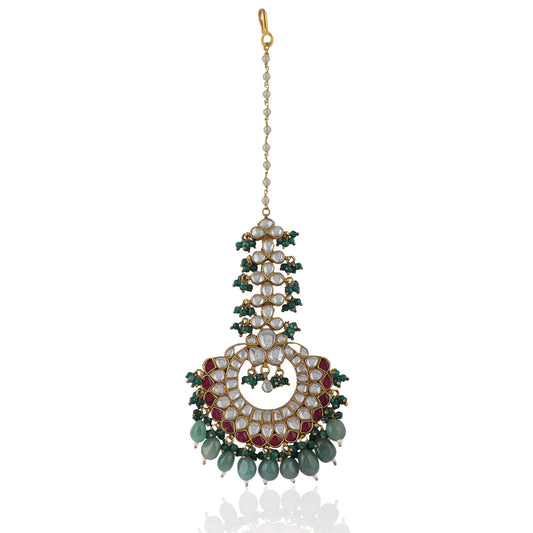 Pink Stone Sea Green Beads Flower Work White Jadtar Stone Tikka