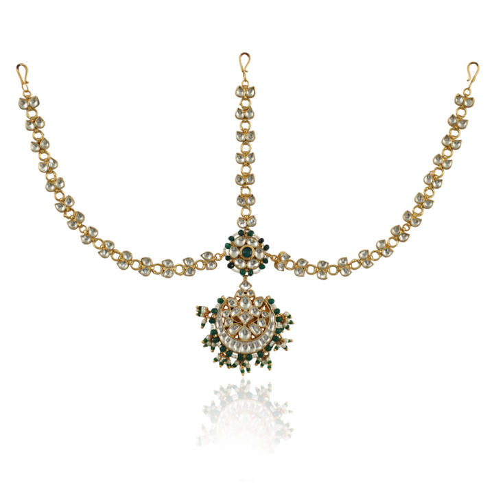 Jadtar Chain Mathapatti With Pearls And Emerald Green Beads