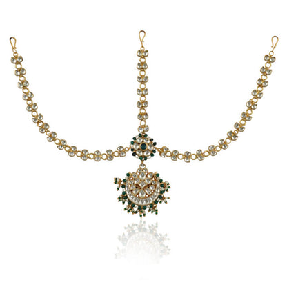 Jadtar Chain Mathapatti With Pearls And Emerald Green Beads