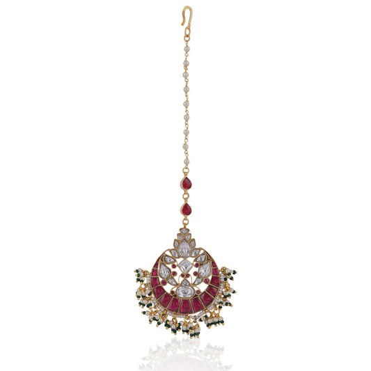 Pink And White Jadtar Maang Tikka